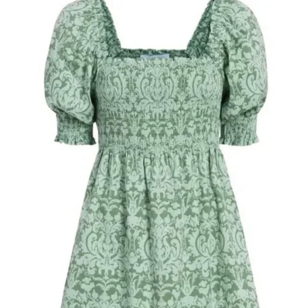 Hill House Mini Dress in Sage Green Damask